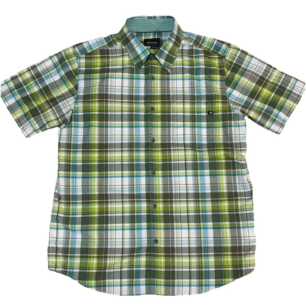 Marmot Mens Sz Large Short Sleeve Button Up Shirt Green Plaid